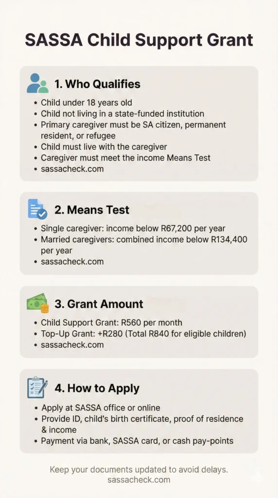 Infographic showing SASSA Child Support Grant Status, payment methods, monthly grant amounts, eligibility criteria, income means test, and application process