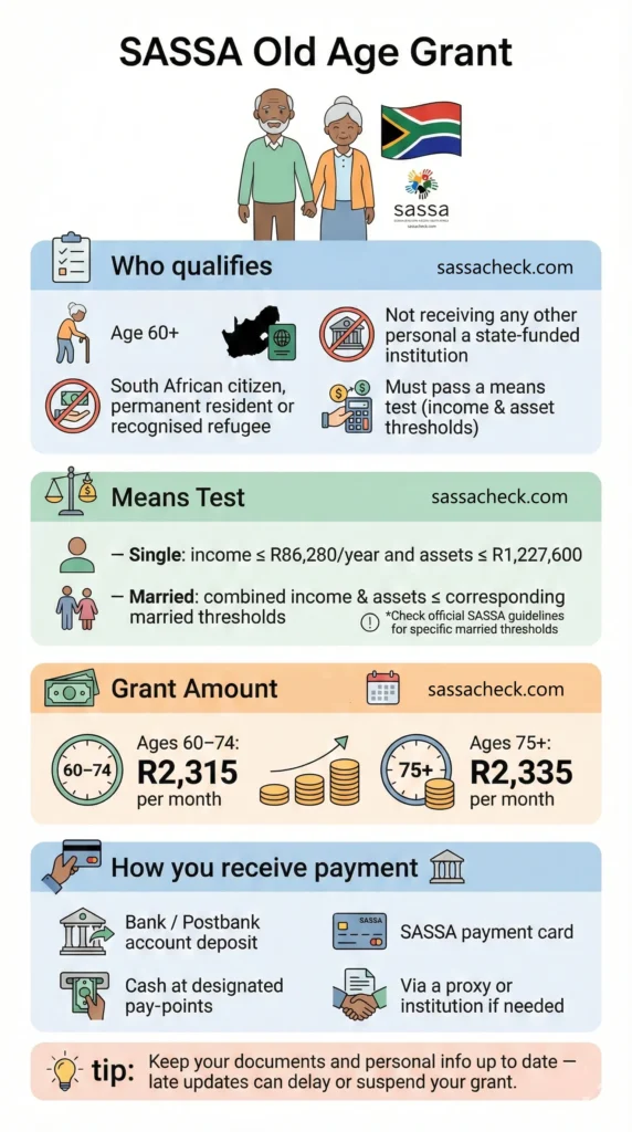 Infographic showing SASSA Old Age Grant Status, payment methods, monthly grant amounts, eligibility criteria, income means test, and application process